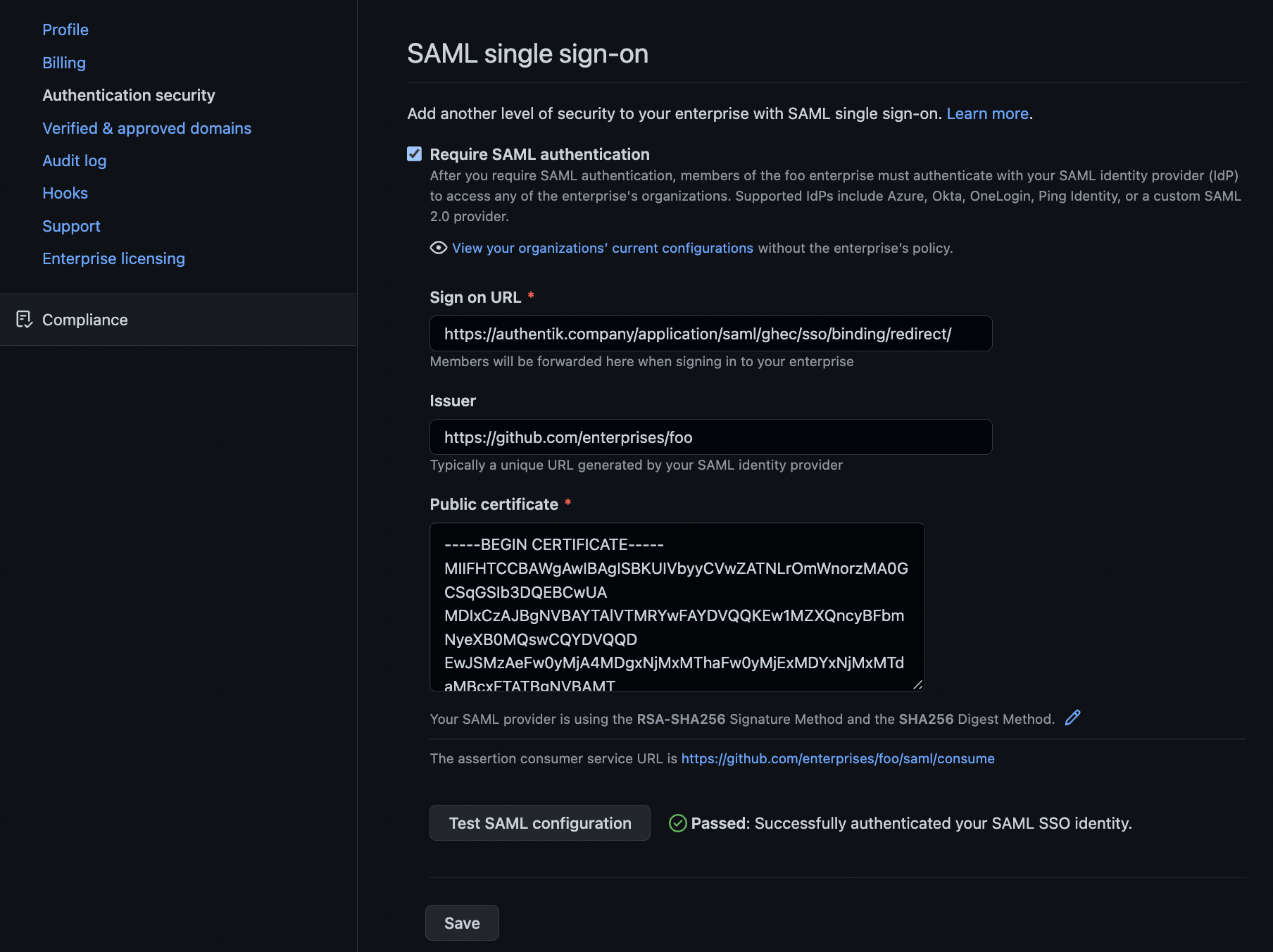 Screenshot showing populated GitHub enterprise SAML settings